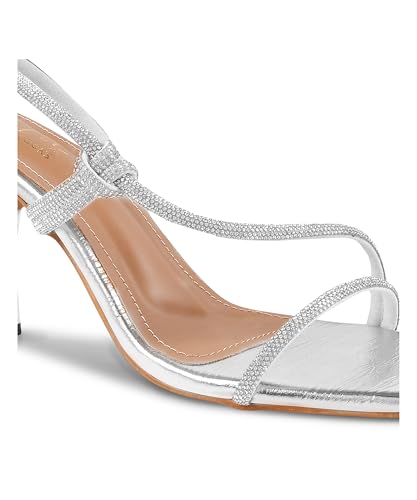 JM LOOKS Women’s Strappy Stiletto-Heeled Sandals with Slim, Embellished Criss-Cross Straps and a Square Toe for Parties, Evening Events, or Special Occasion - Silver