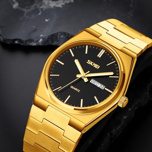 SKMEI Claasic Style Quartz Watch for Men Analog Display Black Dial Zinc Alloy Men's Stainless Steel Gold Color Stylish Band, Water-Resistant & Scratch-Resistant-9288