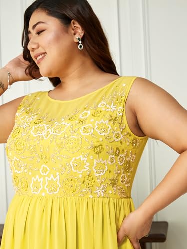 Miss Chase A+ Women's Boat Neck Sleeveless Embroidered Georgette Gathered Maxi Dress (APSS22D16-18-304-08, Light Yellow, 3XL)