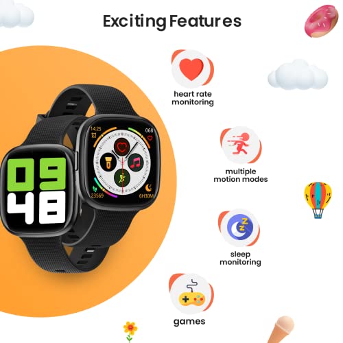 Turet Gravel Smartwatch for Kids - Aluminium Body, HD Screen, in-Built Games, Motion Mode, IP68 Waterproof, Activity Tracker, Multiple Dials, Heart Rate, SpO2 & Sleep Monitoring (Black)