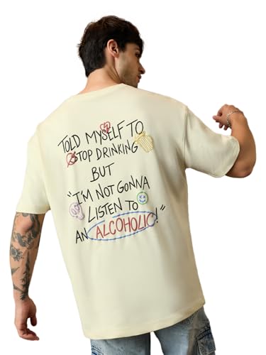The Souled Store Oversized T-Shirt: Drinking Men and Boys Short Sleeve Round Neck Off White Graphic Printed Funny Slogan Casual Lightweight Drop Shoulder Streetwear Trendy Oversized T-Shirts