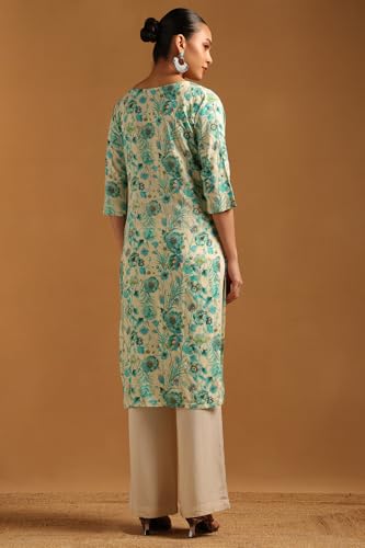 Soch Womens Off White Rayon Floral Print Kurta with Mirror Work