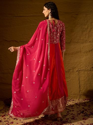 Shampysky Women's Pink Chinon Stitched Gown With Dupatta 3/4 Sleeve Embroidered Anarkali Gown (SSY-1231-Pink-L)
