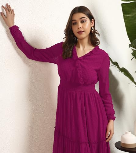 DEEBACO Women's Georgette Dobby Smocking Tiered Maxi Dress|Sleeveless|V-Neck Frill|Casual Trending Fashion Long One Piece Dresses Women Western(DBDR00002281_XL_Magenta)