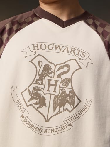 The Souled Store Harry Potter: Four Houses Men and Boys Long Sleeve V-Neck Beige Graphic Printed Casual Lightweight Drop Shoulder Streetwear Trendy Oversized Full Sleeve T-Shirt