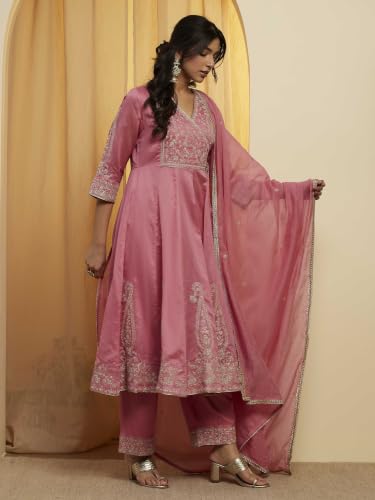 BIBA 84% Cotton 16% Silk Solid Semi-Formal Anarkali Kurta With Palazzo And Dupatta
