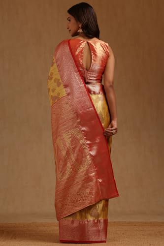 Soch Womens Mustard Silk Blend Botanical Zari Woven Saree