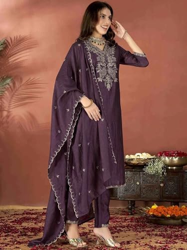VARNI FABRICS: A lady's First Love Women's Wine Vichitra Embroidered Kurta With Pants And Embroidered Dupatta, Ethnic Salwar Suit Set (IN, Alpha, M, Regular)