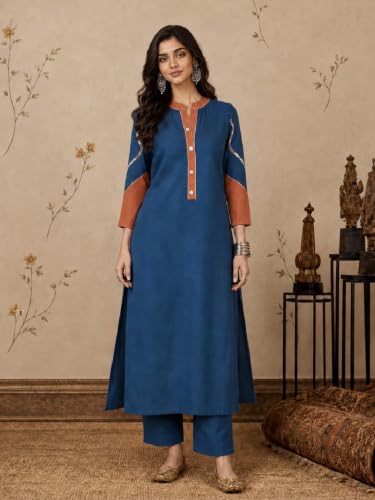 Varanga Women Blue With Rust A Line Kurta Trousers Set Mandarin Collar