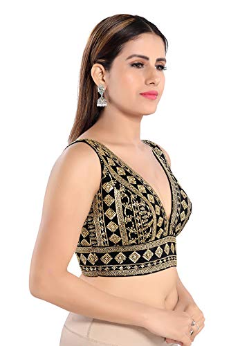 SALWAR STUDIO S Women's Black Art Silk Readymade Saree Blouse-SSB3246-BLCK