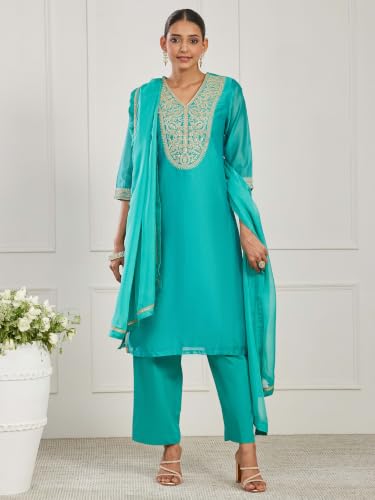 BIBA Dyed Cotton Silk Straight Festive Kurta With Palazzo And Dupatta
