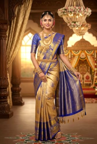 VFCollections Women's Traditional Handloom Kanchipuram Silk Pure Pattu Sarees Royal Wedding Border & Bridal Butta | Rich Zari Woven Design | Bridal Saree | Unstitched Blouse