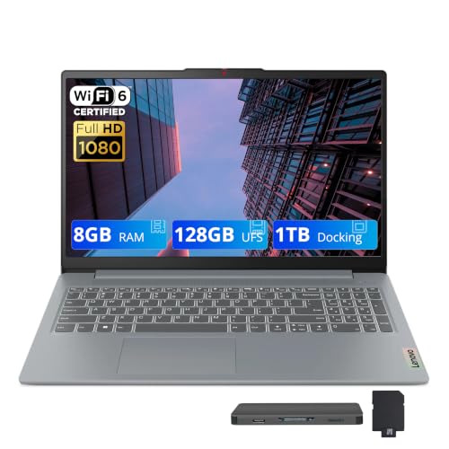 Lenovo IdeaPad Slim 3i 15.6" FHD Laptop, Intel Core i3-N305(8-Core), 8GB LPDDR5, 1.12TB Storage(128GB UFS+1TB Docking Station Set), UHD Graphics, Numeric Keypad, Fast Charge, WiFi 6, Win 11, Grey