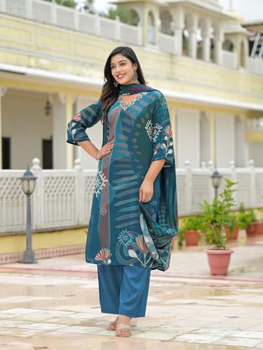 Divena Blue Pure Crepe Sigital Print Kurta Pant Set with Dupatta-DK2176
