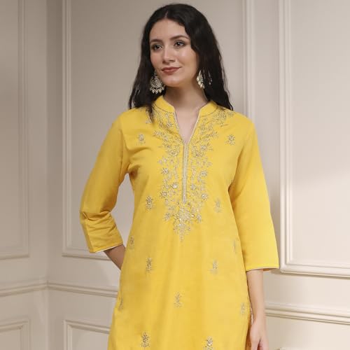 Biba Women's Yellow Cotton Straight Solid Suit Set