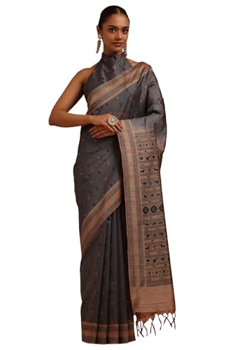 Soch Womens Grey Tussar Zari Woven Saree