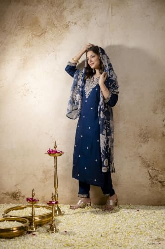 Women's Dark Blue Silk Blend Straight Kurta Set With Dupatta And Pant