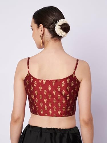 studio rasa Women's Dupion Hand Block Printed Spaghetti Readymade Crop Top for Festive Party Wedding(TPWC12609L_Maroon_Large)