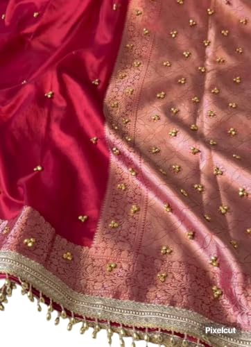 Red Saree with Ghungroo Detailing and Gold Zari Border