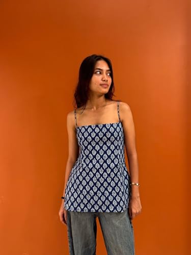 Nishorama Short Nihaala Women's Cotton Halter Neck Corset Kurti, Navy Blue Block Print, Sleeveless Backless Design with Criss-Cross Detail