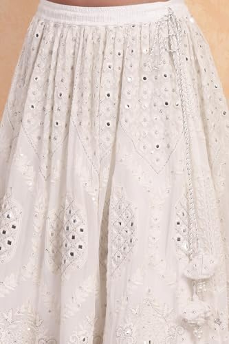 Biba Girls White Viscose Embroidered Kalidar Lehenga Set_6-7Y