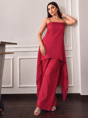 Varanga Women Maroon A Line Kurta Palazzos Set Square Neck Sleeveless