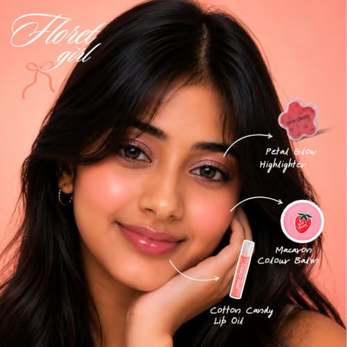 Perr Cherry 4 PCS Organic Makeup Kit for Kids, Preteens & Teen Girls | 100% Natural & Skin Friendly | Includes Eye & Cheek Highlighter, Lip & Cheek Tint, Lip Oil, Brush (Floret Kit, Assorted Colour)
