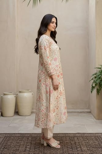 W for Woman Cream Floral Printed Tissue A Line Kurta with Straight Pant and Dupatta Set - (WS13090-126486-M)