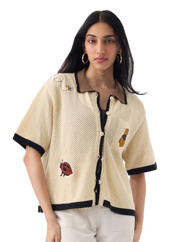 The Souled Store Winnie The Pooh: Happy Pooh Women and Girls Short Sleeves Spread Collar Embroidered Cotton Regular Fit Lightweight Casual Shirt