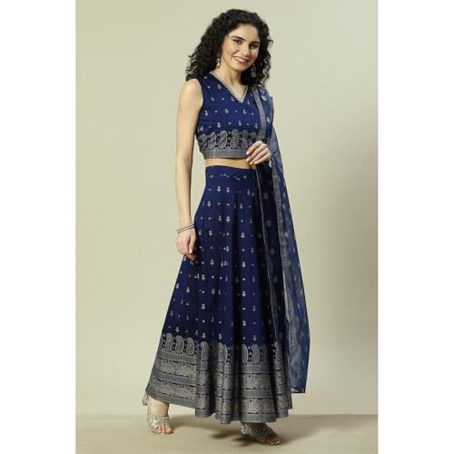 Rangriti Women Indigo Cotton Blend Woven Straight Lehenga Choli Set_36