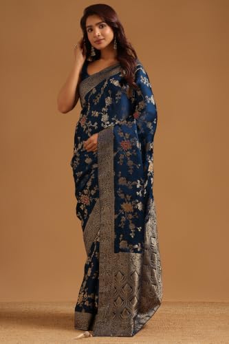Soch Womens Navy Blue Satin Botanical Zari Woven Saree