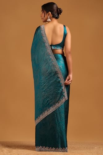 Soch Womens Blue Organza Saree With Stone Work