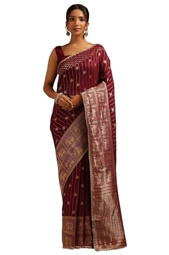 Soch Womens Wine Dola Silk Ethnic Motifs Zari Woven Saree