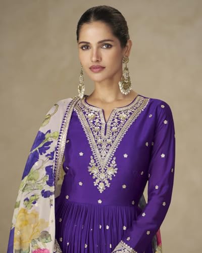 Shampysky Women’s Purple Chinon Embroidered A-Line Gown with Organza Dupatta | Fully Stitched | Full Sleeves (SSW-1306-Purple-M)