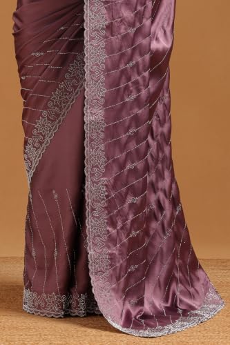 Soch Womens Lavender Satin Swarovski Stone Embellished Embroidered Border Saree