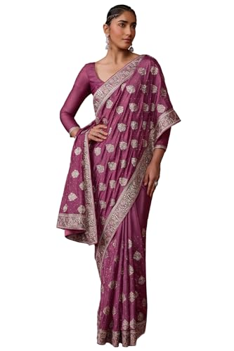 Soch Womens Onion Pink Fendy Georgette Embroidered Saree With Zari