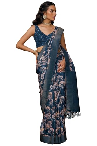 Soch Womens Blue Chanderi Floral Print Saree