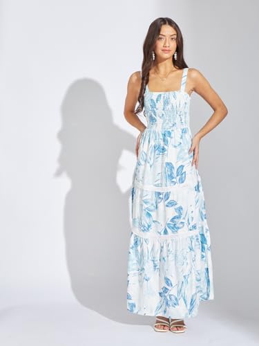 Latin Quarters Women Blue Floral Printed Maxi A-Line Dress | Square Neck | Sleeveless | Zip Closure