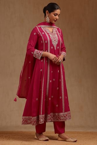 Soch Womens Fuchsia Vichitra Embroidered Suit Set With Zari