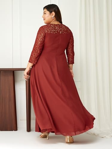 Miss Chase A+ Women's V-Neck 3/4 Sleeve Self-Designed Wrap Styled Maxi Dress (APSS21D14-67-901-08, Dusty Red, 3XL)