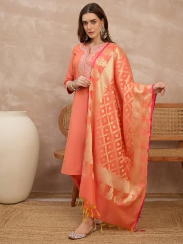 Rangavali Coral Peach Cotton Silk Embroidered Festive Suit Set With Bararasi Zari Woven Dupatta | Family Function, Office Festive & Wedding Ethnic Wear Suit Set | XL, 38