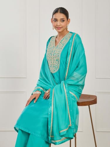 BIBA Dyed Cotton Silk Straight Festive Kurta With Palazzo And Dupatta
