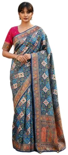 Glory Sarees Women’s Luxurious Dola Pure Silk Original Saree Position Print Work Bandhani Patola Inspired Motifs Banarasi Kanjivaram Style Saree With Blouse Piece(Elegant108_Blue)