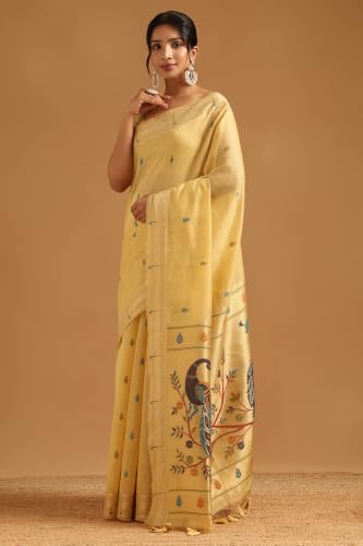 Soch Womens Yellow Chanderi Woven Design Saree