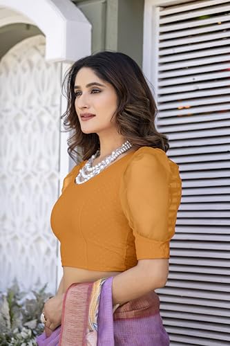 Amazon Brand - Anarva Round Neck Lycra Stretchable Puffed Elbow Sleeve Readymade Saree Blouse for Women Stylish(formi-Mustard-Blouse-XL)