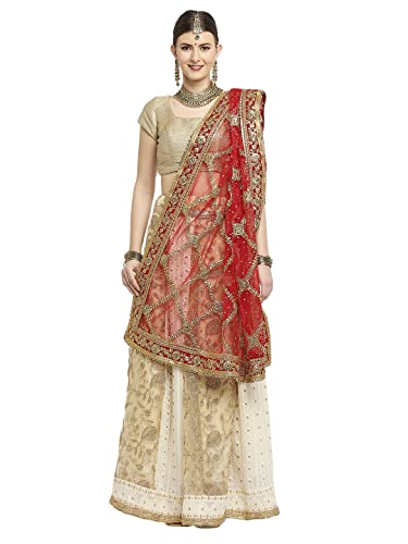 DUPATTA BAZAAR Women's heavily Embroidered Red Bridal Net Dupatta with kundan work