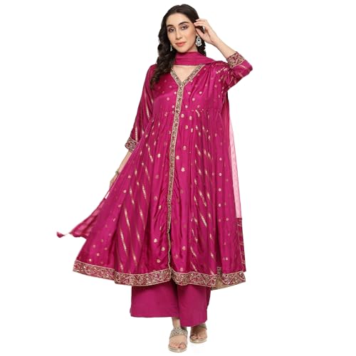BIBA WOMEN YARNDYED ANARKALI SALWAR KURTA DUPATTA(SKDTHE GOLD8966_MEGANTA_34)