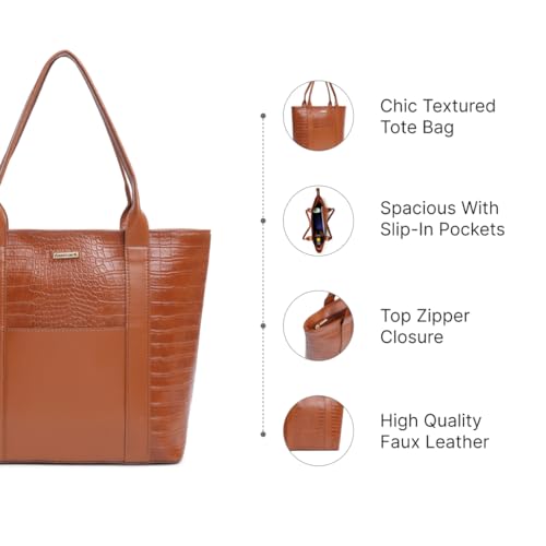Fastrack Chic Textured Tote Bag for Women | Stylish Casual Bag for Ladies, Women, Girls | Trendy Everyday College Bag Made of Faux Leather (Tan)