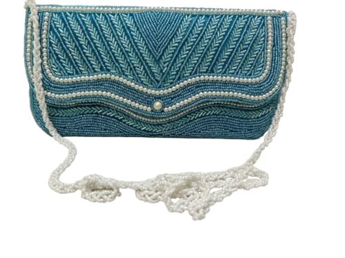 Fashion OVERSEAS Designer Blue Bag beads Handle and Tassel Ethnic Purse Women’s/Girls's Handbag for Party, Casual, Bridal (PINK) (blue)