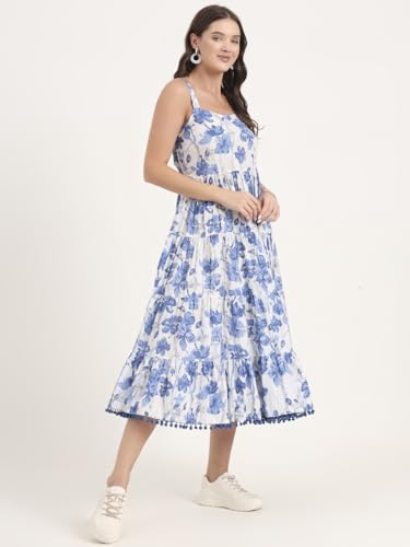 Divena Blue Printed Cotton Shoulder Strap Pompom Dress
